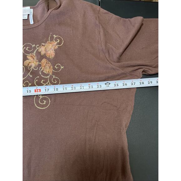 Morning Sun Tee 3X Brown 1/2 Sleeve Cotton Top Fall Leaves Embroidered Sparkle - Picture 7 of 9